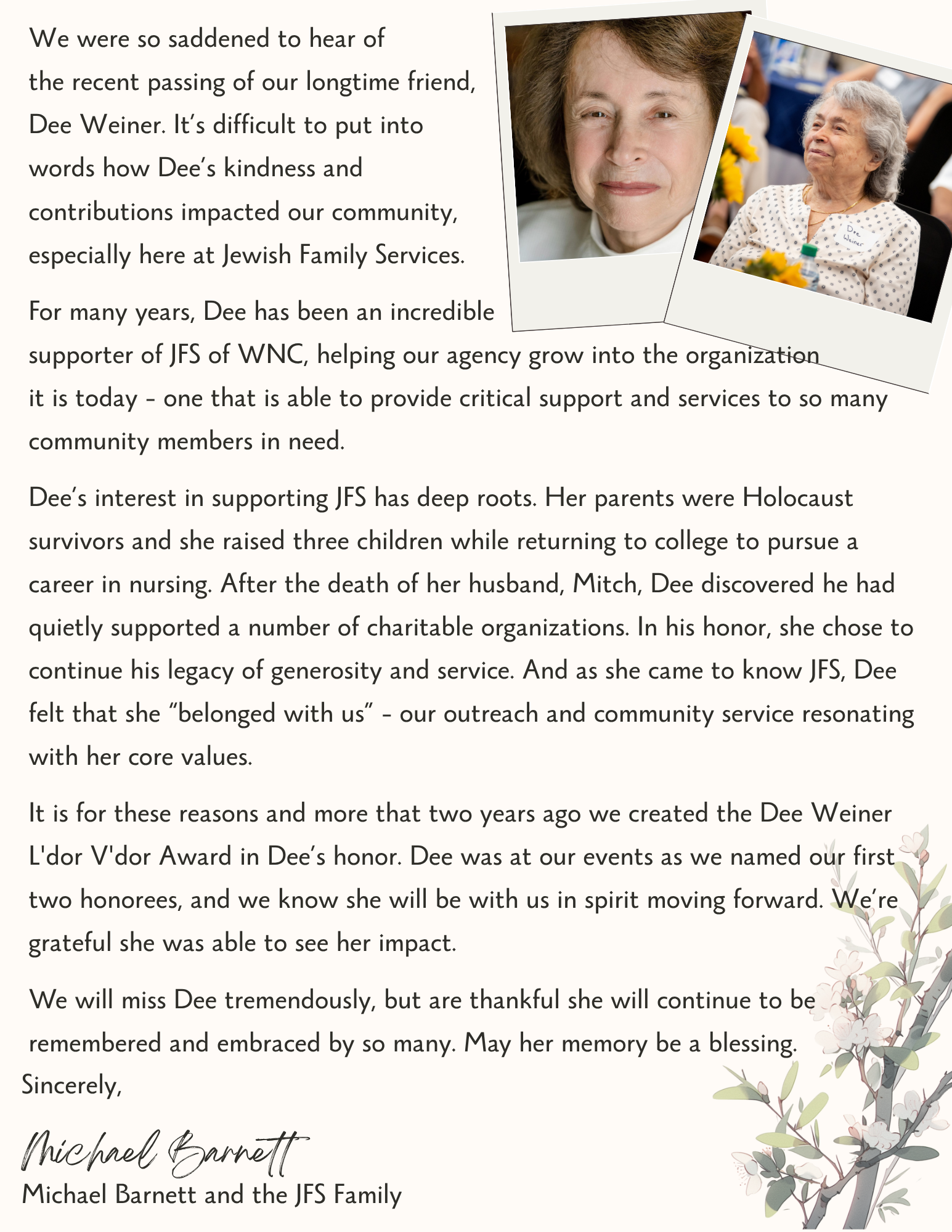 In Memory of Dee Weiner